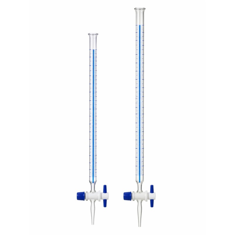 Bureta de Vidrio Borosilicato 3.3 OMSONS — Llave Rotaflow PTFE Needle Valve · Clase A Cert. Individual · 5 a 100 mL